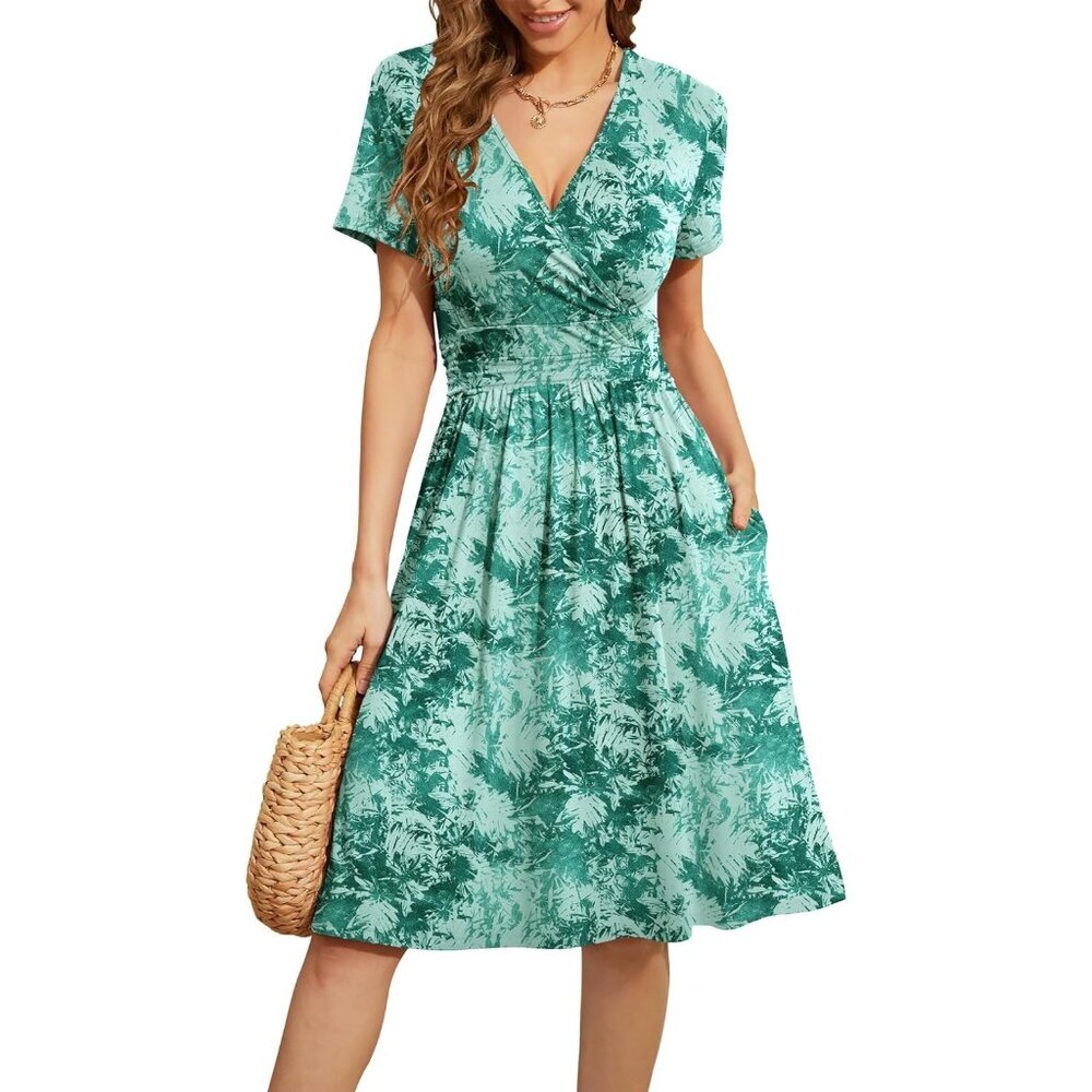 Women Silhouette Short Sleeve V-Neck Floral Stretchy Party Dress with Pockets